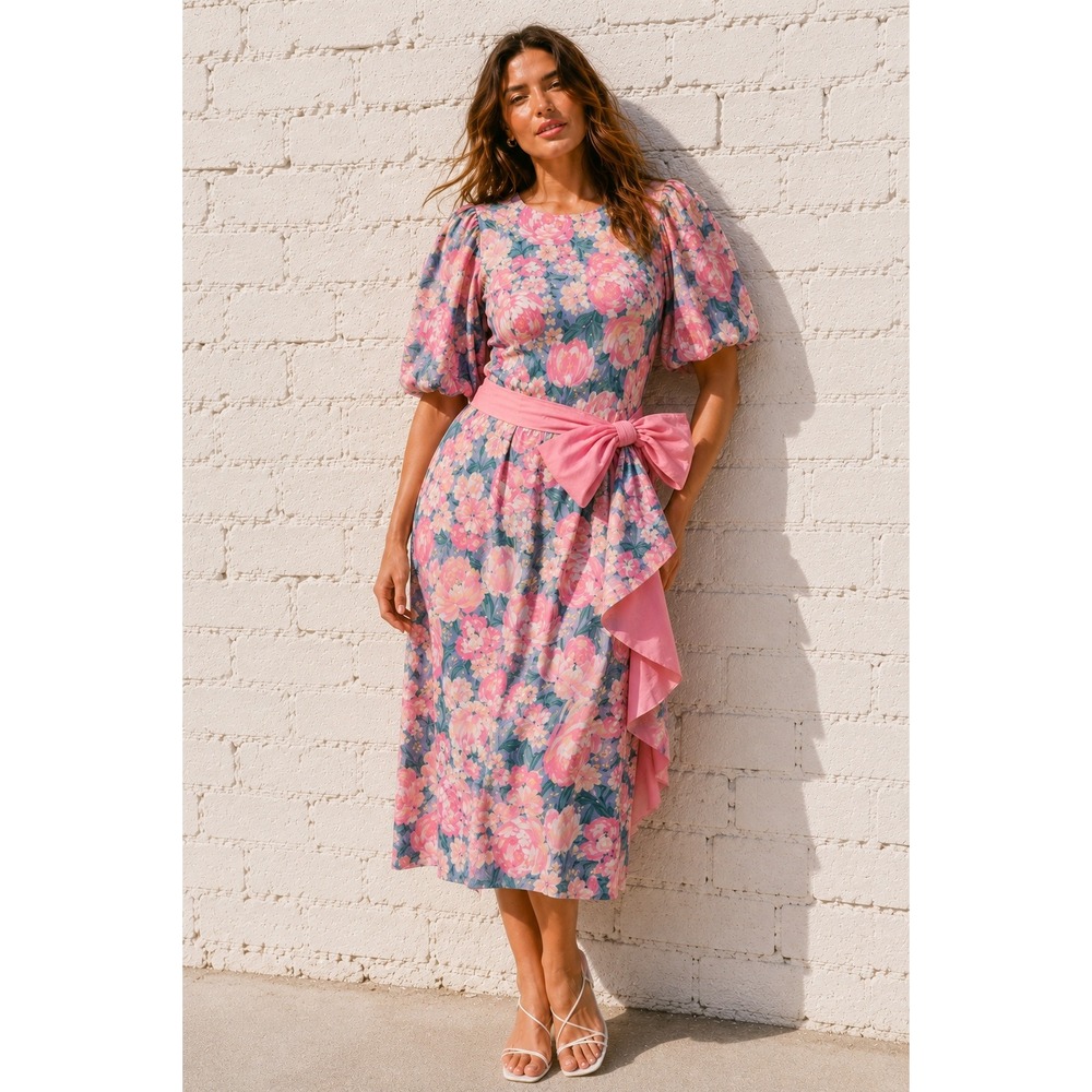Vintage Sabino Garden Party Floral‎ Bow Midi Dress Puff Sleeves USA Made 14